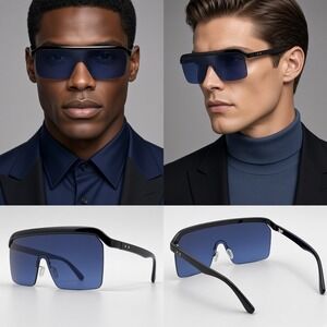 Shield Sunglasses Mens Navy Blue Lens Brand New Flat Top UV400 Party Eyewear New